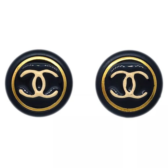Chanel Button Earrings Clip-On Black Gold - Picture 1 of 4